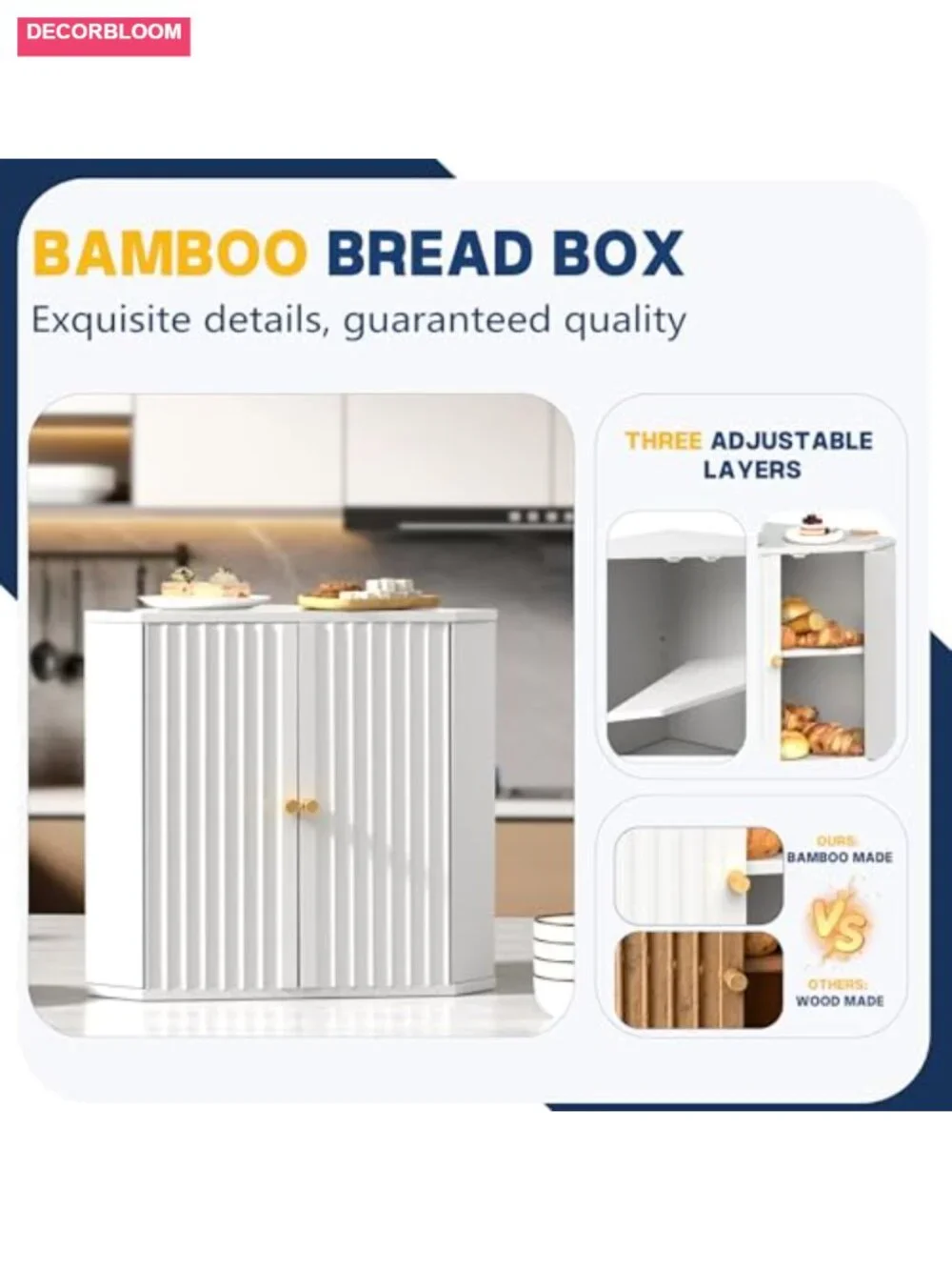 Bamboo Double Layer Bread Box for Kitchen Countertop, Large Bread Storage
